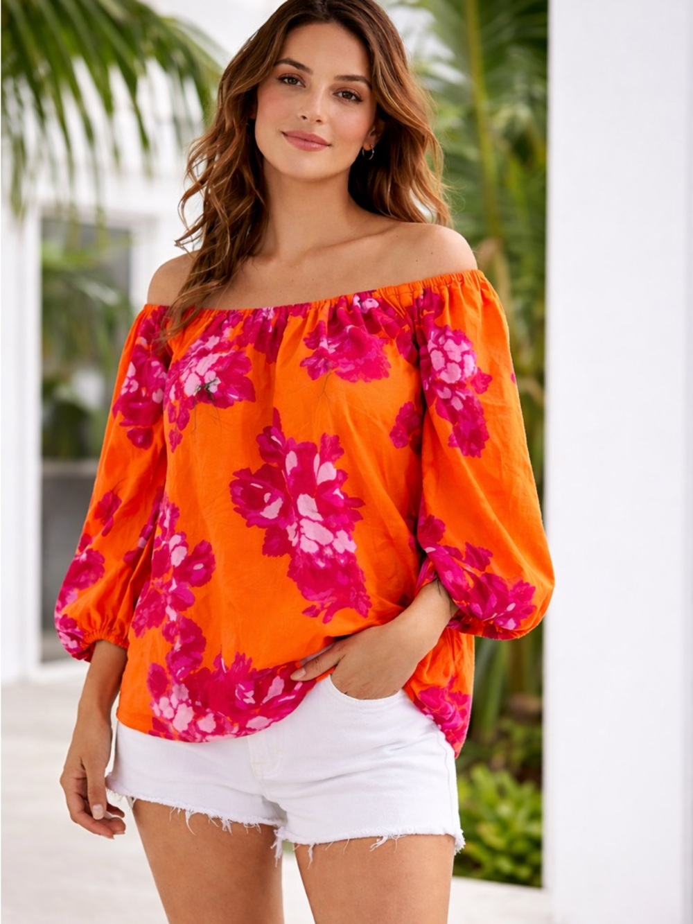 Scoop Off Shoulder Floral Blouse Orange Pink Balloon Sleeve Top Size S - Picture 1 of 4